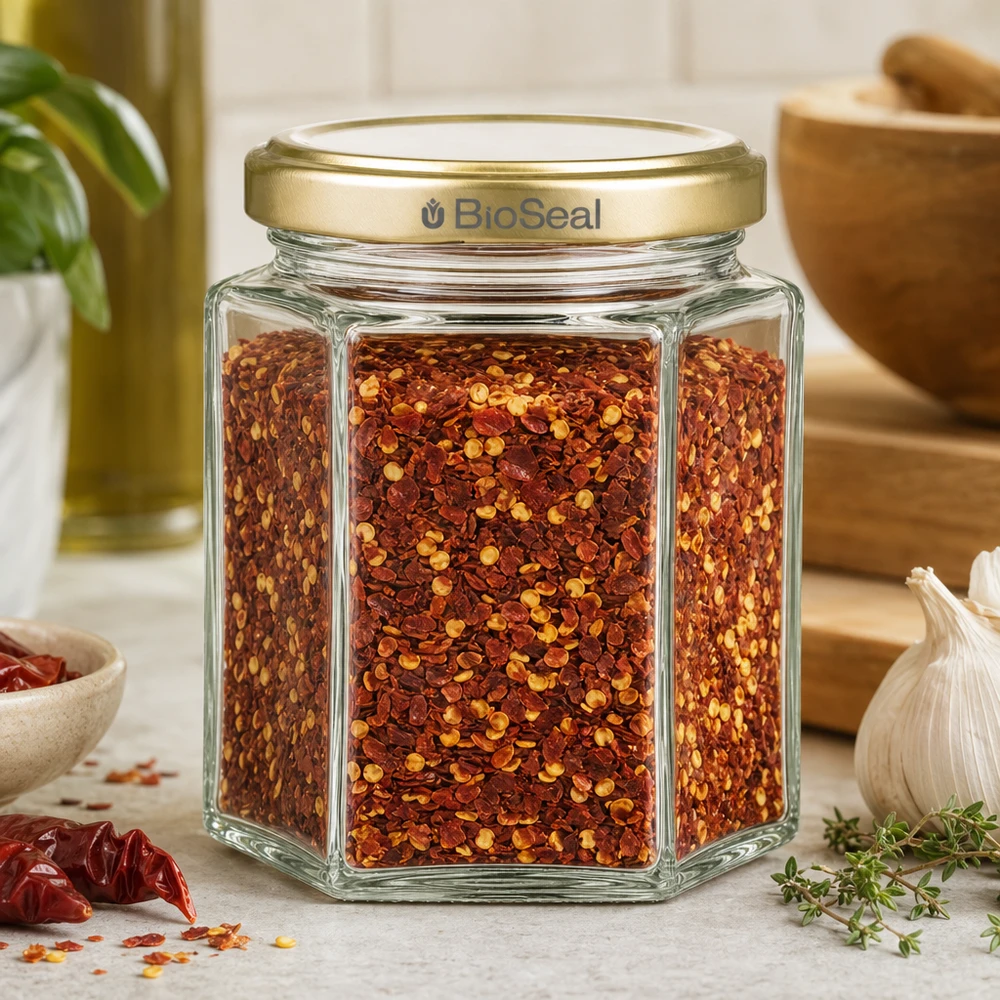 Vasetto per miele da 250 g con capsula dorata BioSeal UNiTWIST 250g barattolo miele esagonale riempito con mix di spezie al peperoncino coperchio dorato BioSeal cucina ambiente con aglio timo