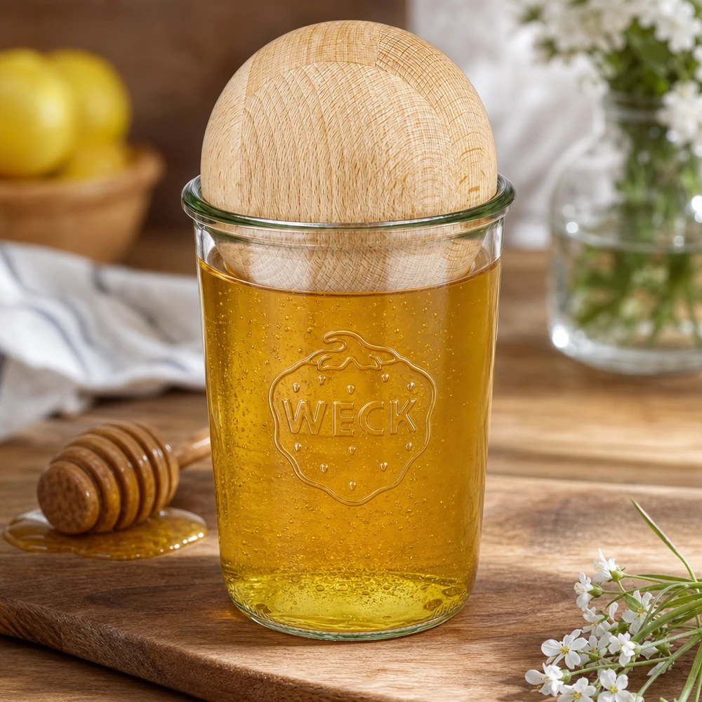 WECK RR100 tumbler 850ml riempiti di miele e sfera in legno di faggio, espositore decorativo da cucina con cucchiaio da miele