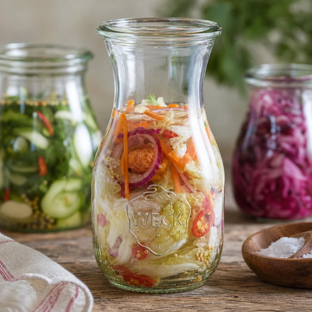 Bottiglia di succo WECK 290ml RR60 con verdure fermentate e cetriolini sott'aceto per una sana conservazione