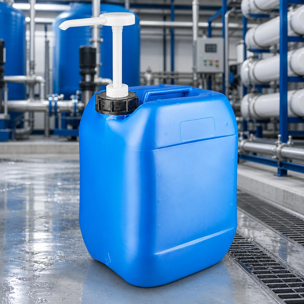 Tanica 10 litri blu con pompa dosatrice Tanica di plastica blu da 10 litri con pompa dosatrice integrata a monte dell'impianto di trattamento dell'acqua