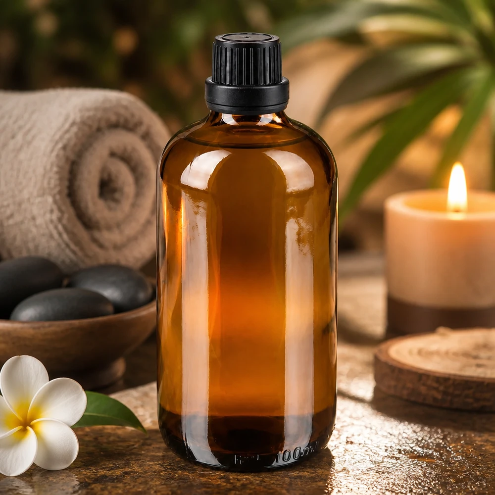 Bottiglia da farmacia marrone da 100 ml. SV OV nero/11mm ApoGlas Flacone di vetro da 100 ml color ambra con tappo a vite nero su sfondo in legno, in un’atmosfera di benessere