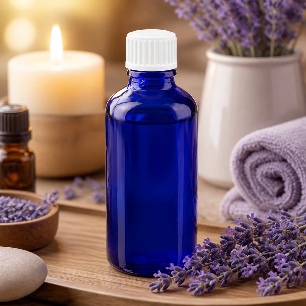 Bottiglia di vetro blu da 50 ml con tappo contagocce bianco, circondata da fiori di lavanda e candele
