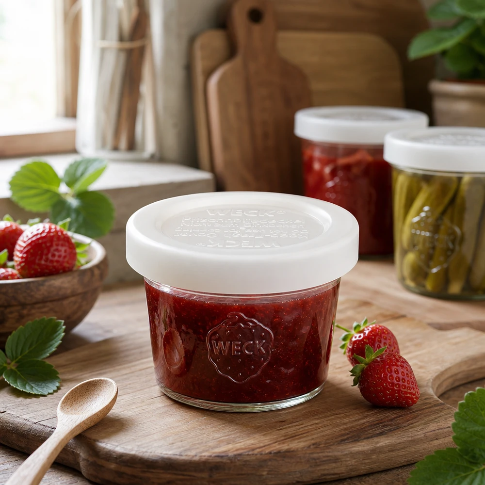 Barattolo WECK 35ml RR40 riempito di marmellata di fragole su tavola di legno, esempio di applicazione per piccoli barattoli da conserva