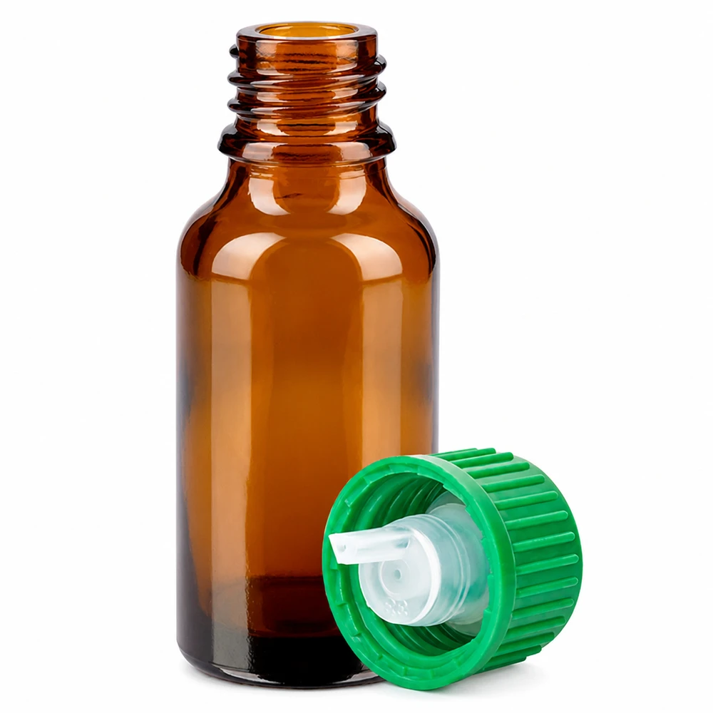 Flacone contagocce da 20 ml 0,8 mm verde STD BrownLine UT18/20 Flacone in vetro compatto da 20 ml con apertura a contagocce fine da 0,8 mm e tappo a vite verde