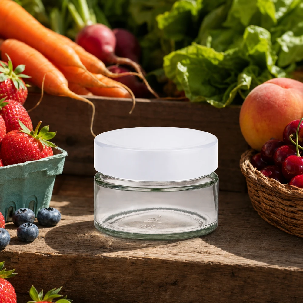 Barattolo rotondo da 130 ml con coperchio BasicSeal bianco UNiTWIST Bicchiere rotondo da 130 ml UNiTWIST BasicSeal bianco in un ambiente naturale di cucina con frutta e verdura fresca