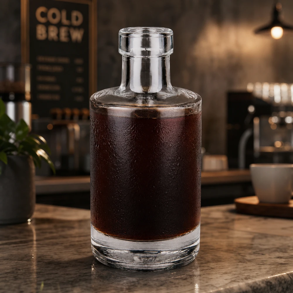Bottiglia in vetro da 200 ml Marie senza tappo UNiTWIST® Bottiglia di vetro da 200 ml Marie riempita di caffè freddo in un'atmosfera da caffè moderno Applicazione esempio caffetteria