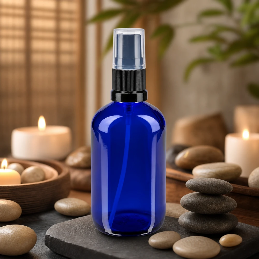 Flacone spray blu da 100 ml in vetro da farmacia con nebulizzatore nero, in un’atmosfera Zen Spa con candele