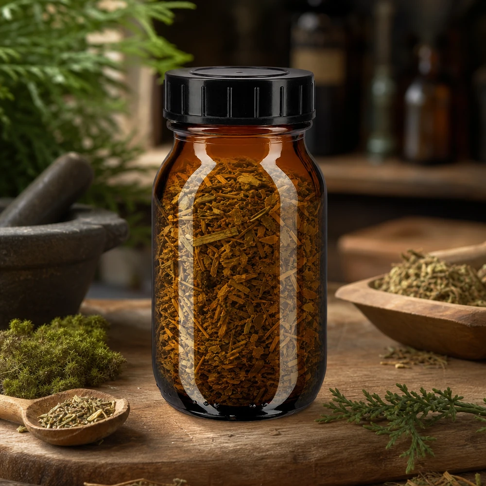 Bottiglia compatta da 100 ml in vetro ambrato con ampia apertura e tappo nero per un facile riempimento