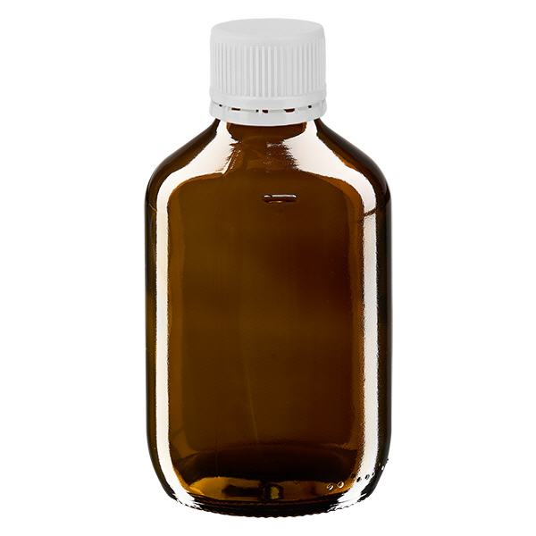Flacone per medicinali da 200 ml marrone, tappo bianco antimanomissione Flacone per medicinali da 200 ml marrone, tappo bianco antimanomissione