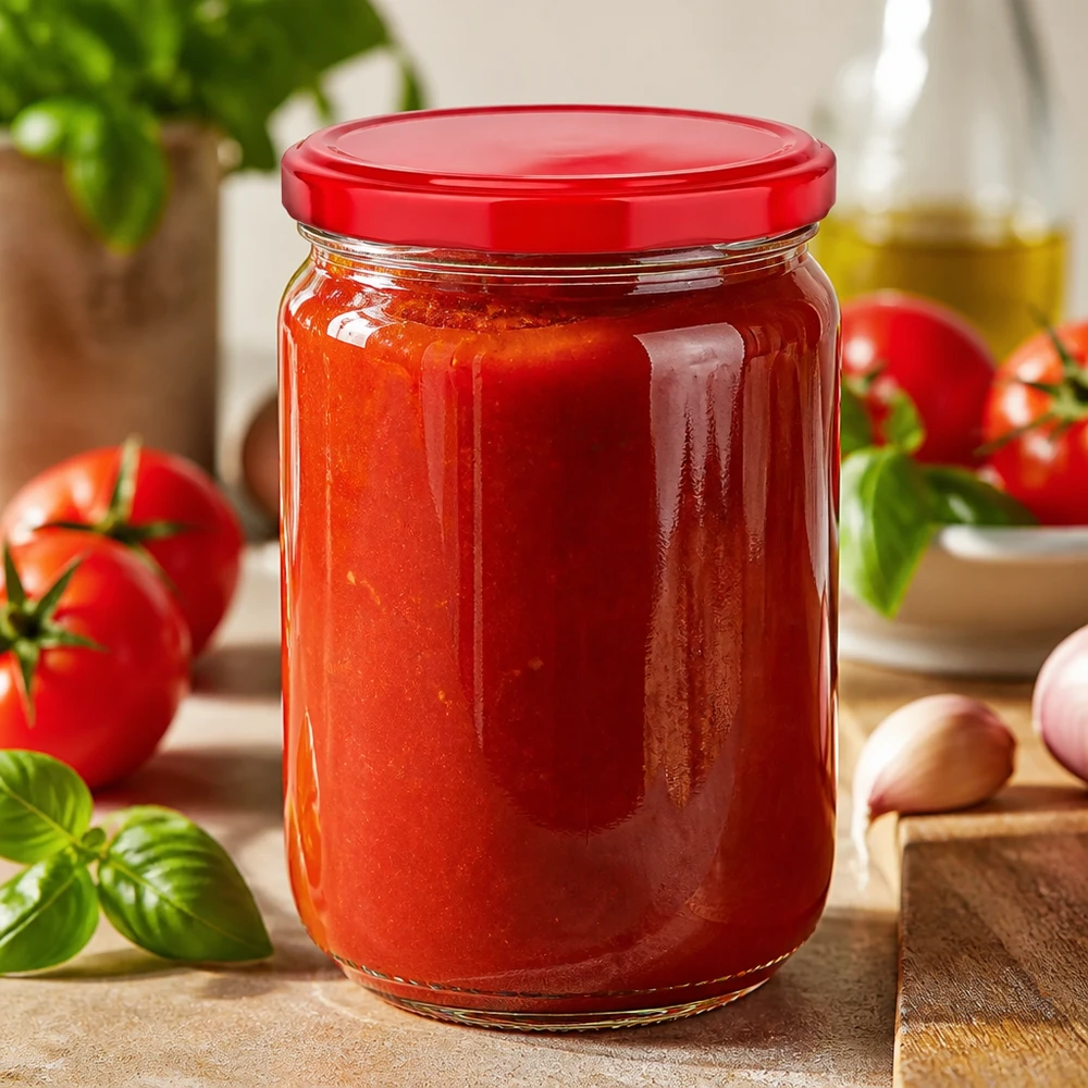 Vaso di vetro rotondo da 555 ml + coperchio BasicSeal rosso UNiTWIST Vaso rotondo in vetro UNiTWIST da 555 ml, adatto al contatto con gli alimenti, con coperchio BasicSeal rosso, per salse e chutney