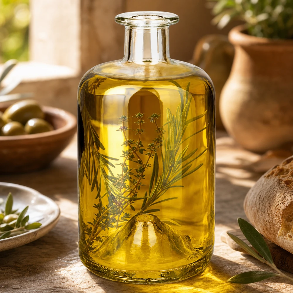 Bottiglia di vetro Sofia 500ml riempita con olio alle erbe rosmarino timo uso decorativo bottiglia speziale