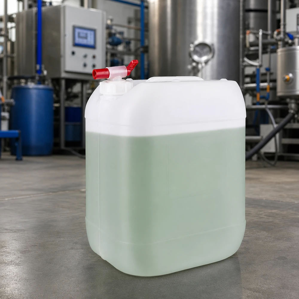 Tanica industriale trasparente da 20 litri con liquido verde e rubinetto di scarico rosso