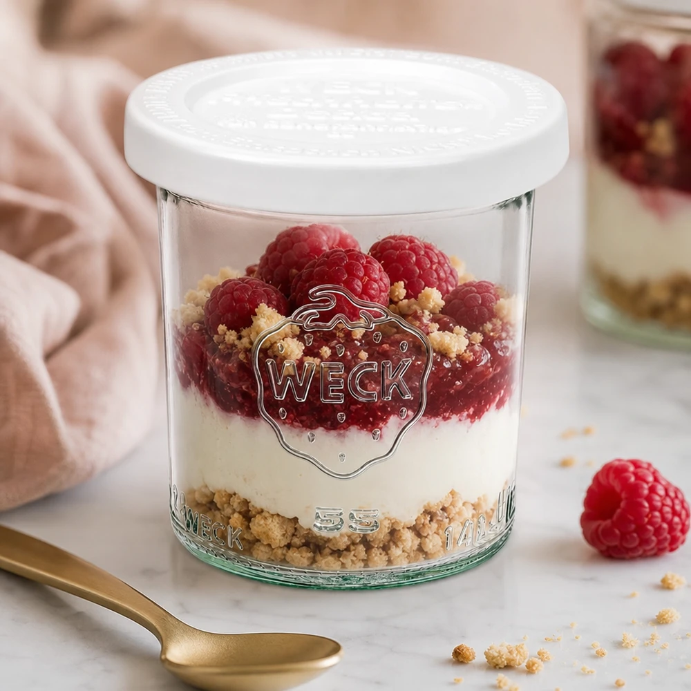 Vaso di vetro da 140 ml con coperchio ermetico WECK RR60 Bicchieri WECK 140ml RR60 riempiti di lamponi e mascarpone - elegante presentazione per dolci dessert