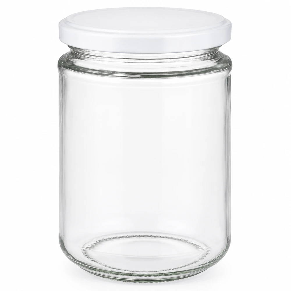 Barattolo rotondo da 390 ml con coperchio BasicSeal bianco UNiTWIST - barattolo vuoto in vetro trasparente per conserve alimentari