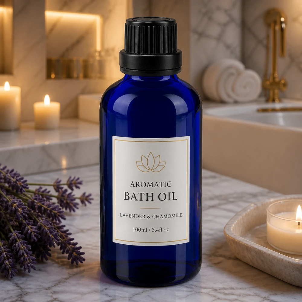 Flacone di vetro blu da 50 ml con etichetta “Olio da bagno” su una superficie di marmo, accanto a lavanda fresca e candele