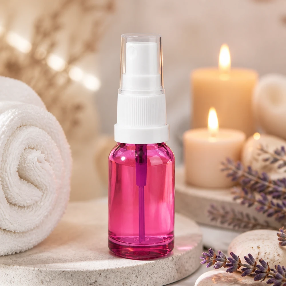 Flacone piccolo in vetro da 10 ml di colore viola con nebulizzatore per aromaterapia per ambienti