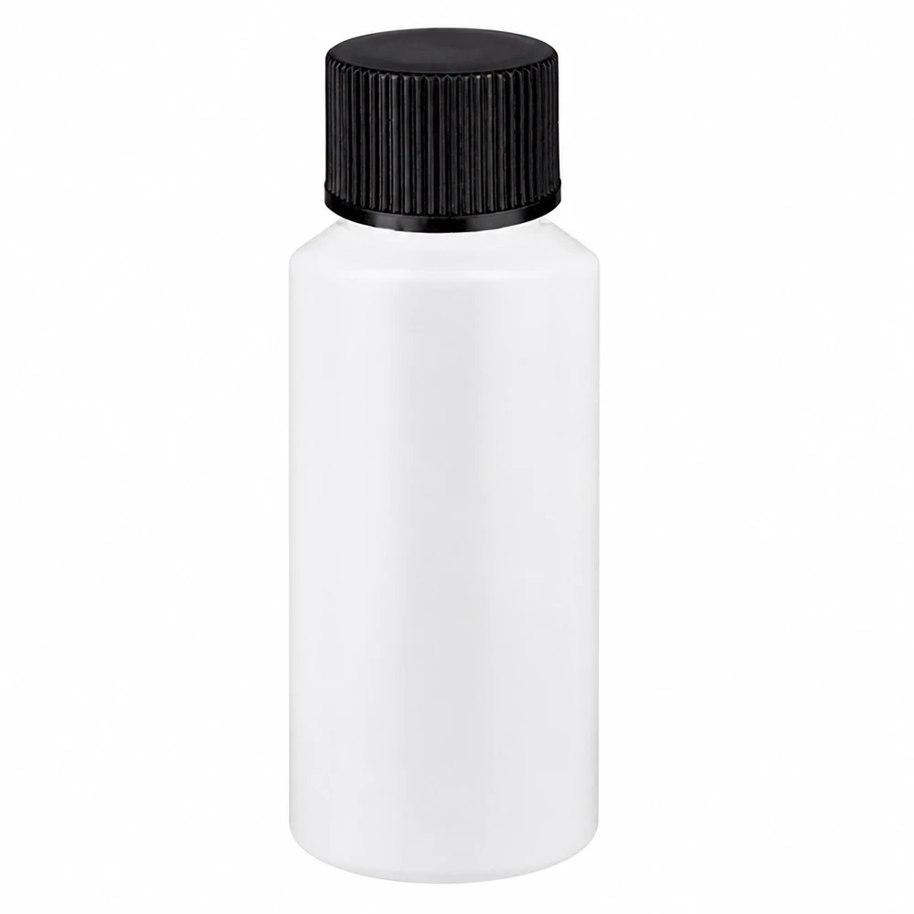 Flacone da farmacia rotondo e compatto in HDPE bianco, capacità di 30 ml, tappo nero