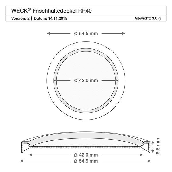 Bicchieri da 35 ml con coperchio salvafreschezza WECK RR40 Disegno tecnico del coperchio per alimenti freschi WECK RR40 con dimensioni 54,5 mm diametro esterno 42 mm diametro interno 8,6 mm altezza