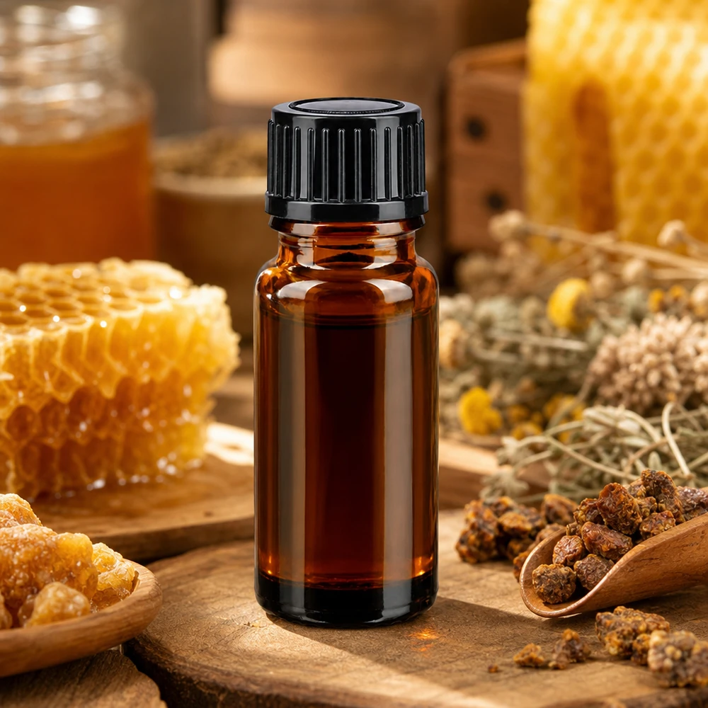 Flacone da farmacia marrone da 10 ml con tappo a vite nero, raffigurante un favo e la propoli
