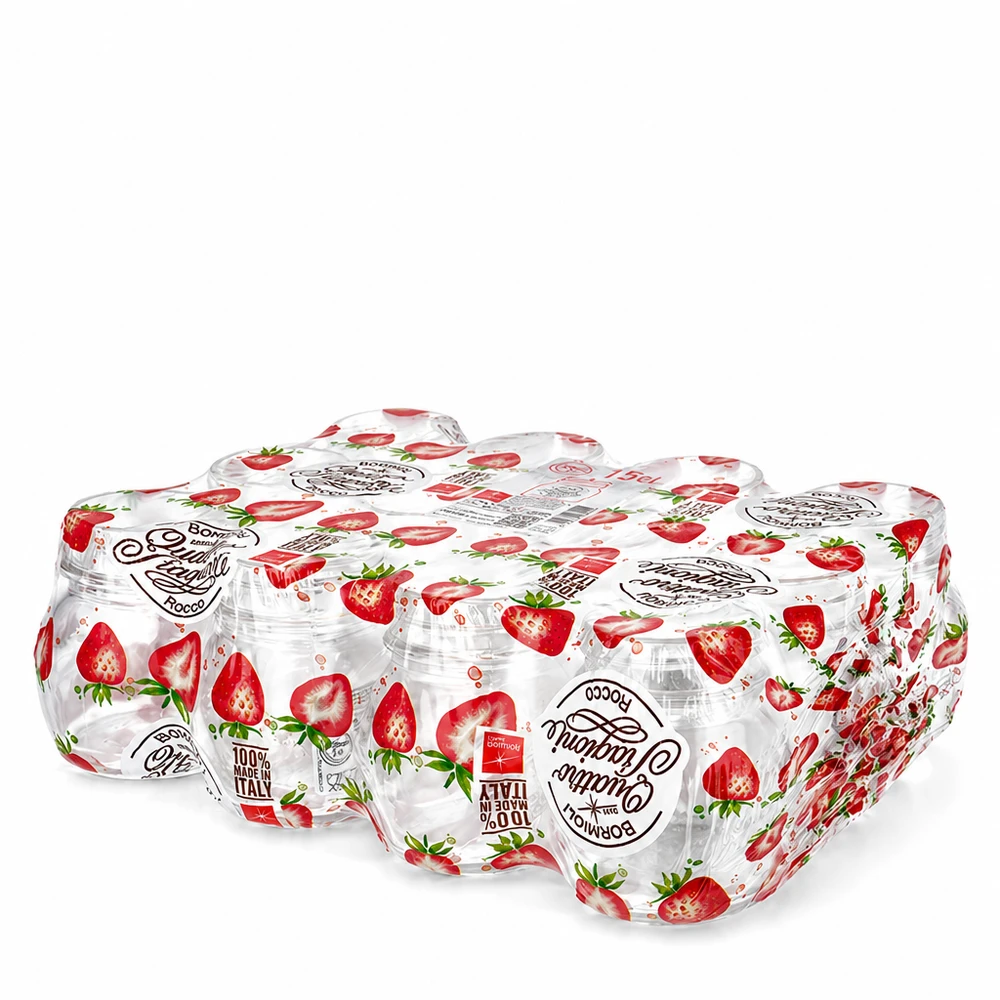 Confezione da 12 vasetti Quattro Stagioni da 150 ml con disegno di fragole e coperchio a vite per conservare