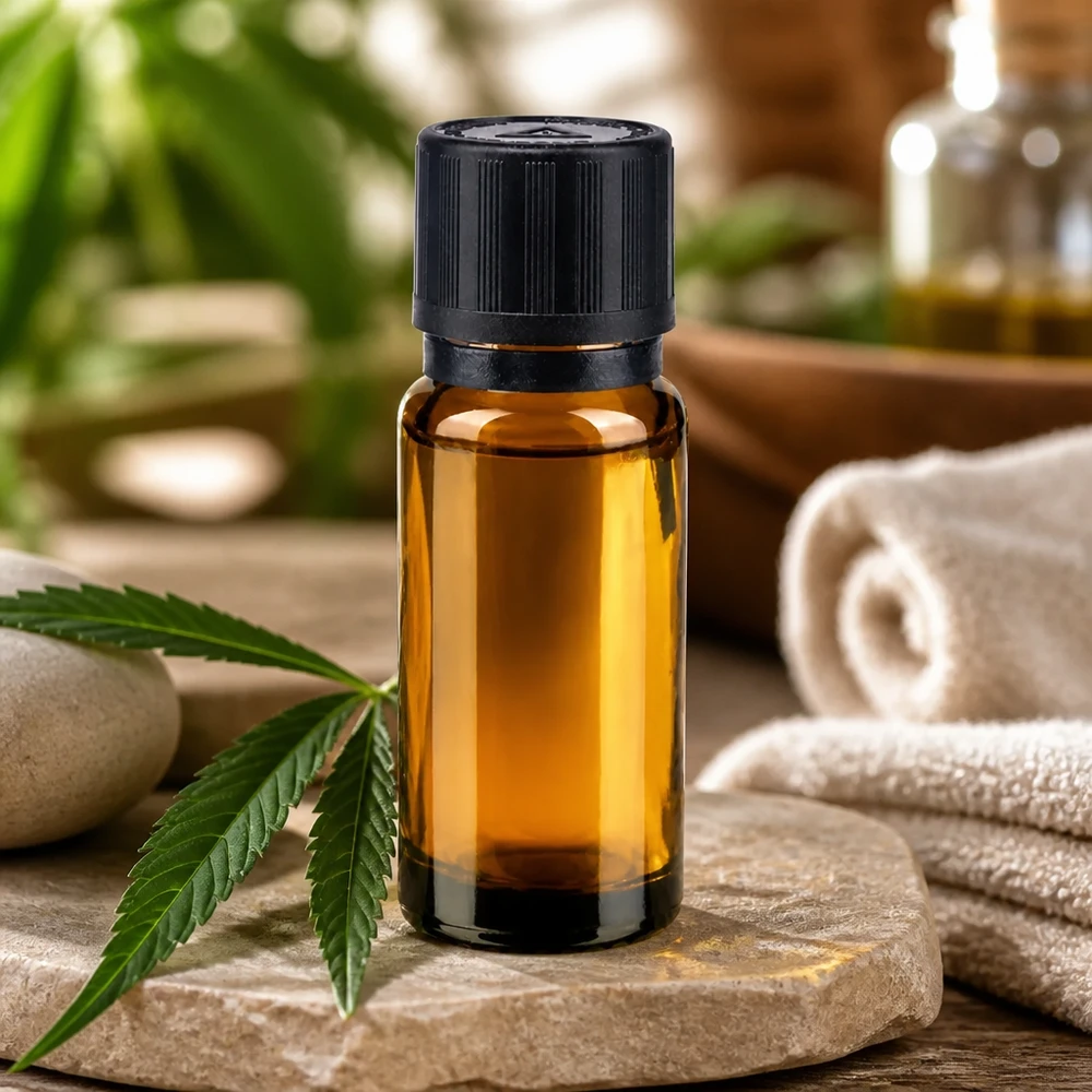 Flacone contagocce da 10 ml in vetro da farmacia con apertura da 1 mm, accanto a una foglia di cannabis e a pietre per il benessere