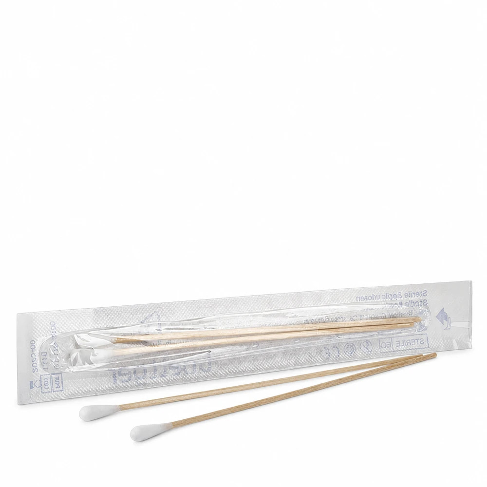 Tamponi di cotone STERILI (2 pezzi) Bastoncini di cotone sterili, 2 pezzi in confezione singola, con stelo in legno e punta di cotone bianca