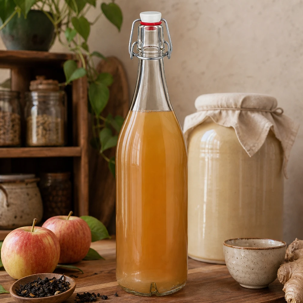 Bottiglia di vetro da 1000 ml con tappo oscillante riempita di succo di mela accanto a mele fresche e kombucha in una cucina rustica