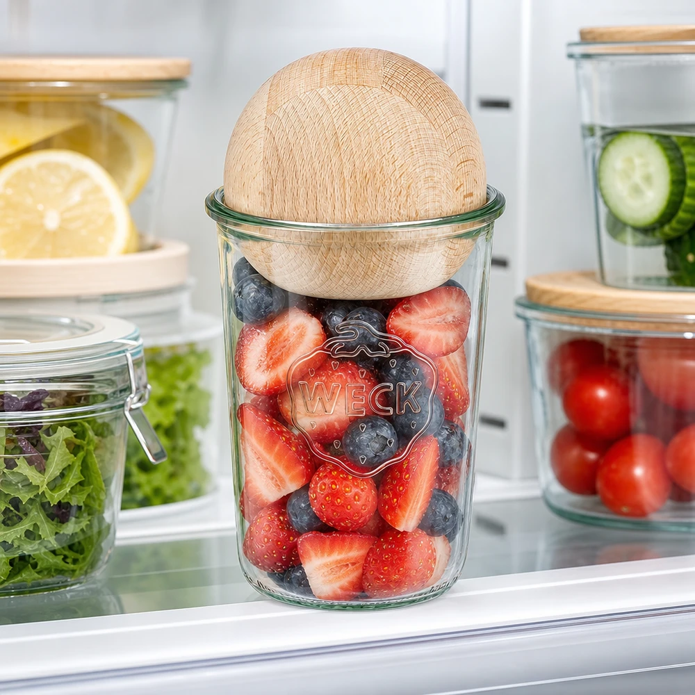 WECK RR100 tumbler 850ml con bacche fresche in frigorifero, sfera in legno di faggio come coperchio per mantenere il fresco