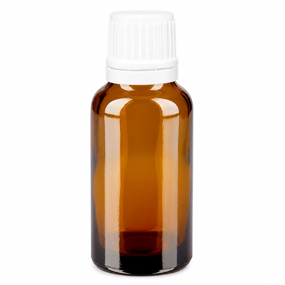 Flacone da farmacia da 20 ml in vetro ambrato di alta qualità con tappo a vite bianco
