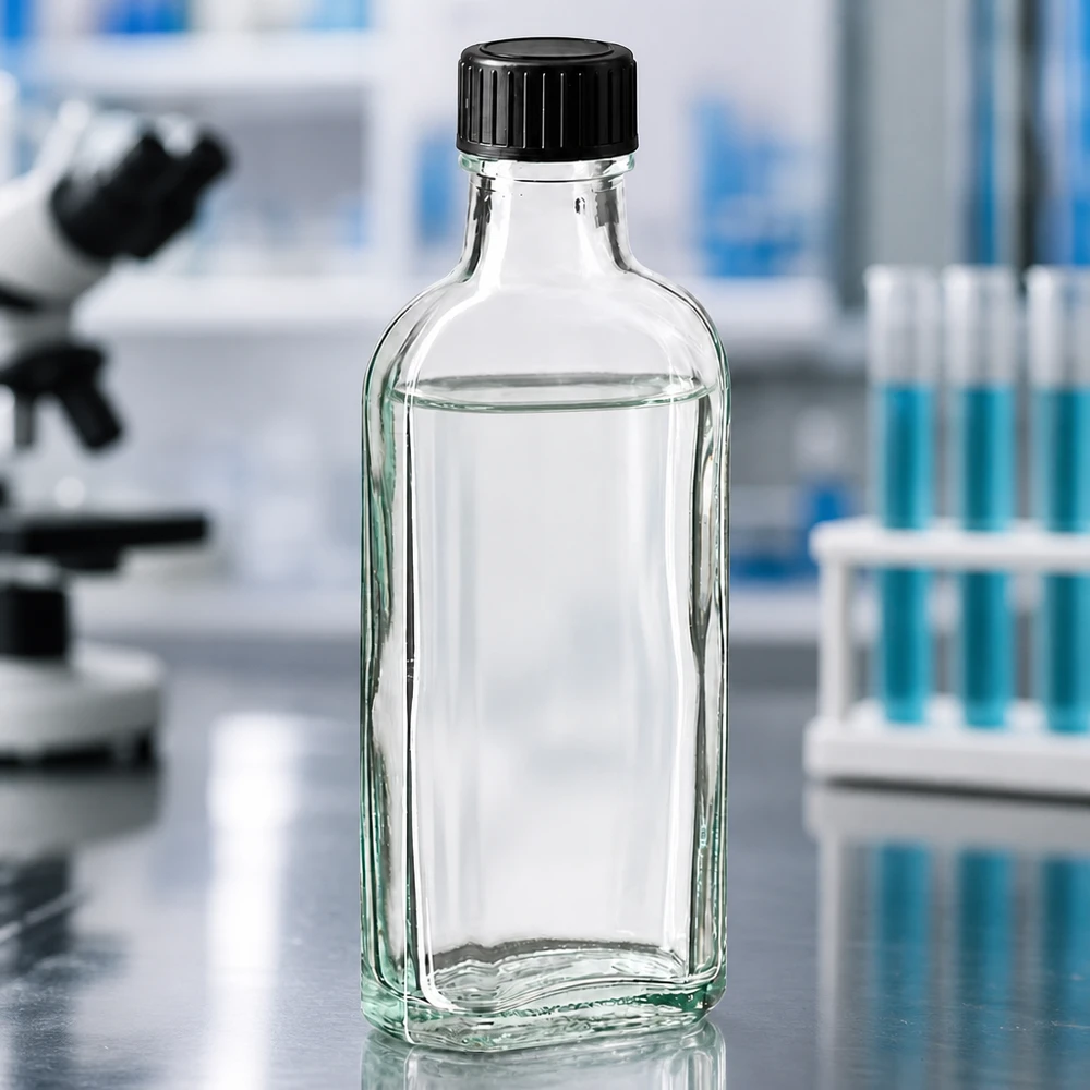 Flacone di vetro Meplat da 100 ml con tappo a vite nero davanti a un microscopio e provette blu in laboratorio
