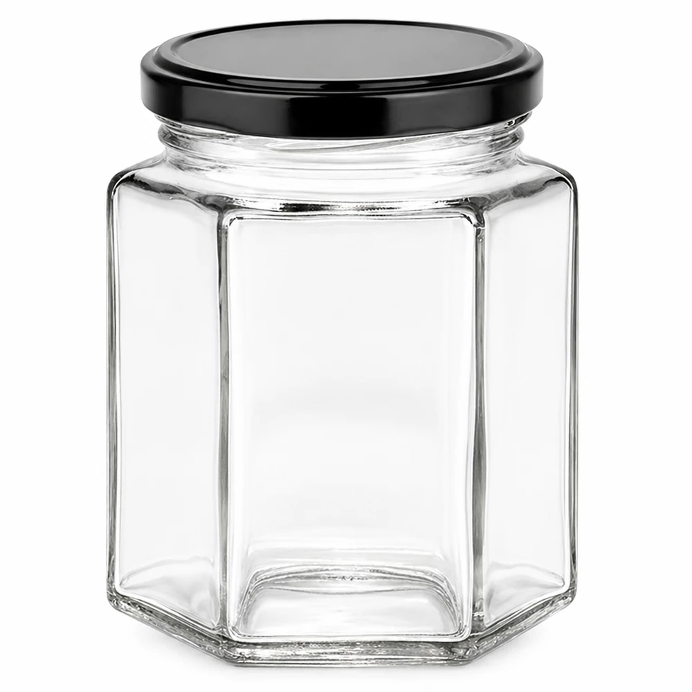 Barattolo esagonale da 196 ml con coperchio nero BasicSeal - barattolo esagonale in vetro trasparente per conserve e creme spalmabili