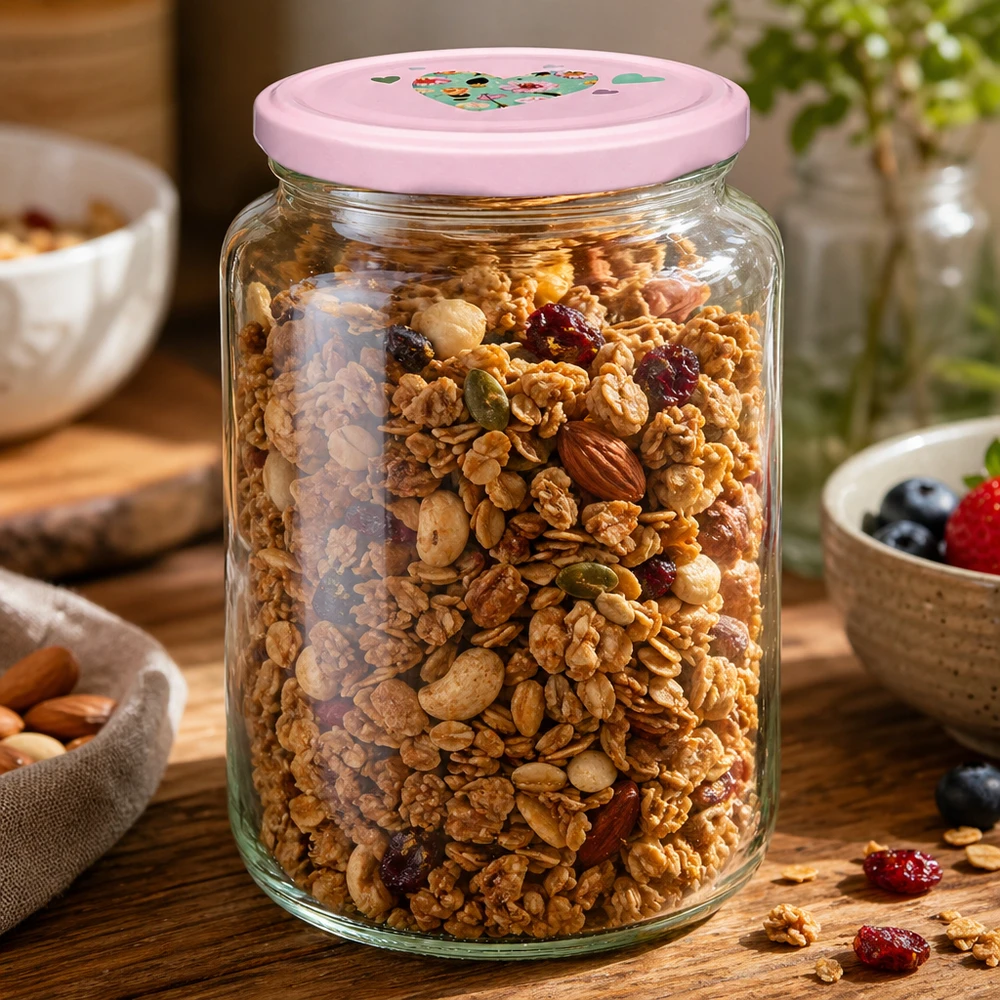 795ml vaso rotondo + coperchio BasicSeal cuore rosa UNiTWIST Rundglas 795ml mit rosa Herzdeckel gefüllt mit Müsli Nüssen und Trockenfrüchten als praktisches Vorratsglas für Küche