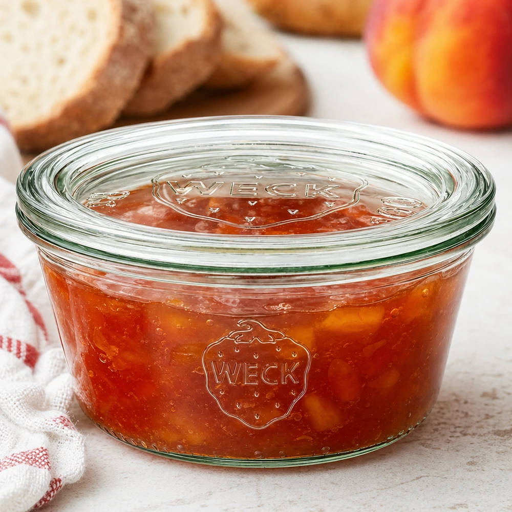 Bicchieri bassi da 290 ml con coperchio in vetro WECK RR100 Barattolo WECK 290ml RR100 con marmellata di pesche e coperchio in vetro accanto a pane e frutta in una scena di cucina accogliente