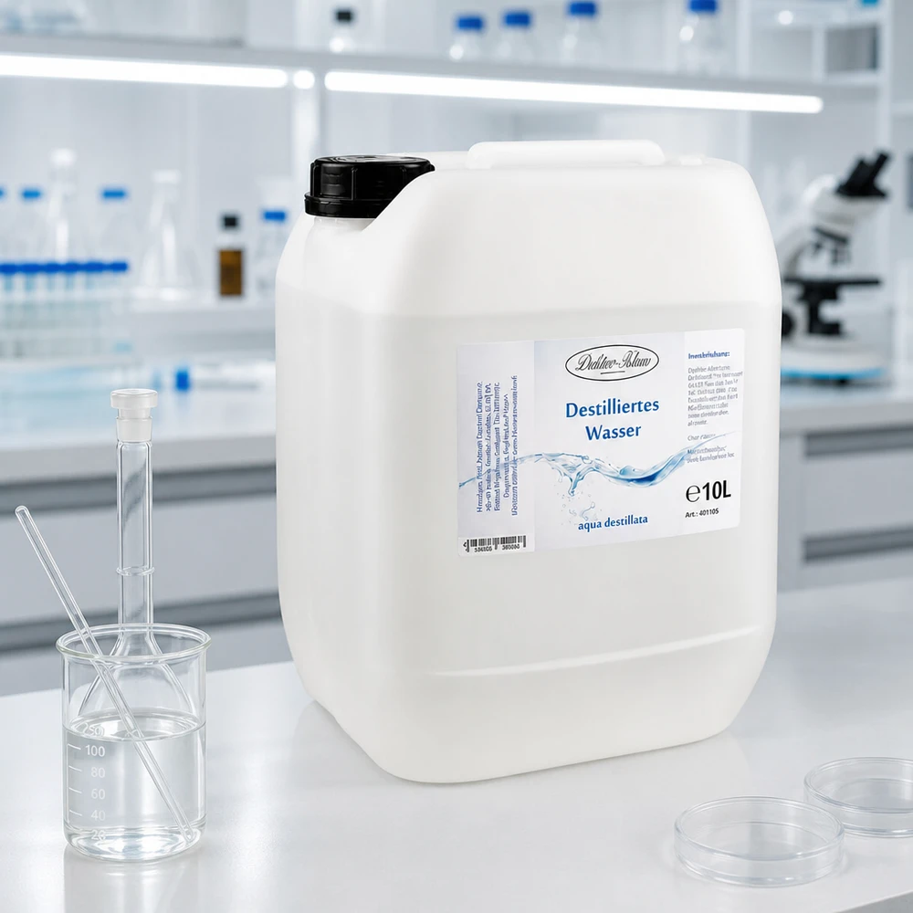 Acqua distillata 10L Doktor-Klaus Acqua distillata Doktor-Klaus 10L in ambiente di laboratorio di alta qualità con vetreria e microscopio