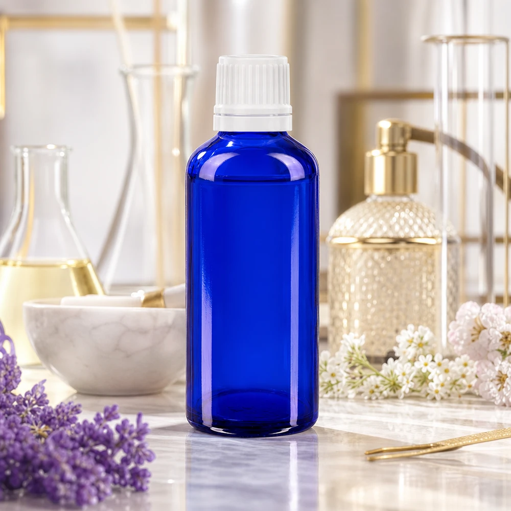 Flacone contagocce blu da 50ml OV bianco/0,7mm ApoGlas Flacone di vetro blu da 50 ml con dosatore a goccia bianco da 0,7 mm per un dosaggio preciso
