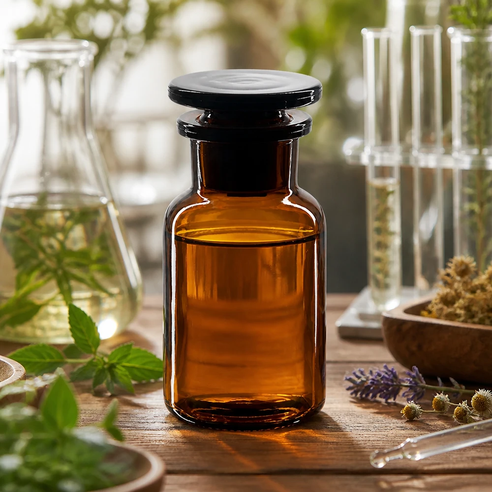 Fiaschetta da farmacia color ambra da 100 ml a collo largo con tappo di vetro nero su un tavolino di legno