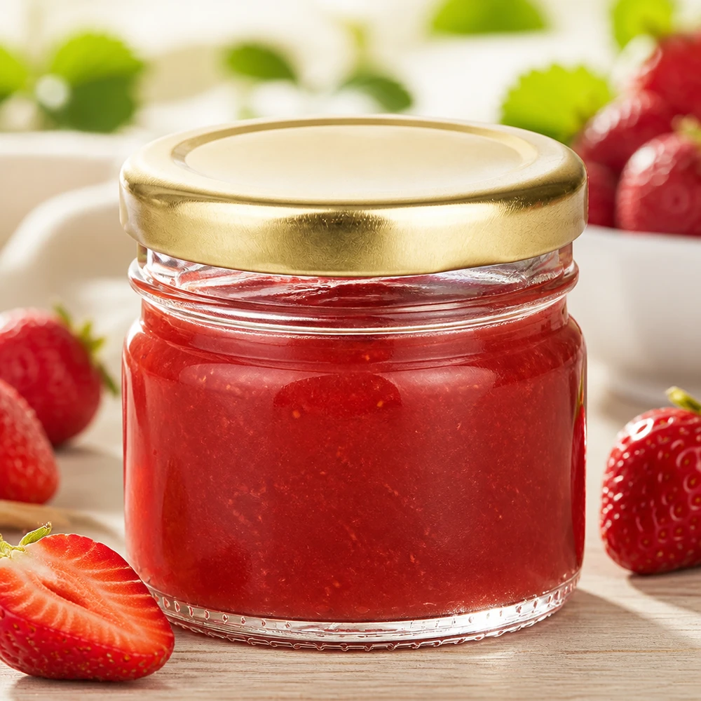 Vasetto trasparente da 33 ml con coperchio dorato a vite per crema spalmabile alla fragola, da offrire come omaggio agli ospiti