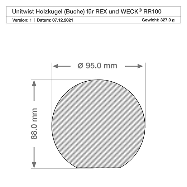 Bicchieri da 1500ml WECK RR100 con sfera in legno di faggio Disegno tecnico della sfera in legno di faggio per vaso WECK RR100 con dimensioni di 95 mm di diametro e 88 mm di altezza