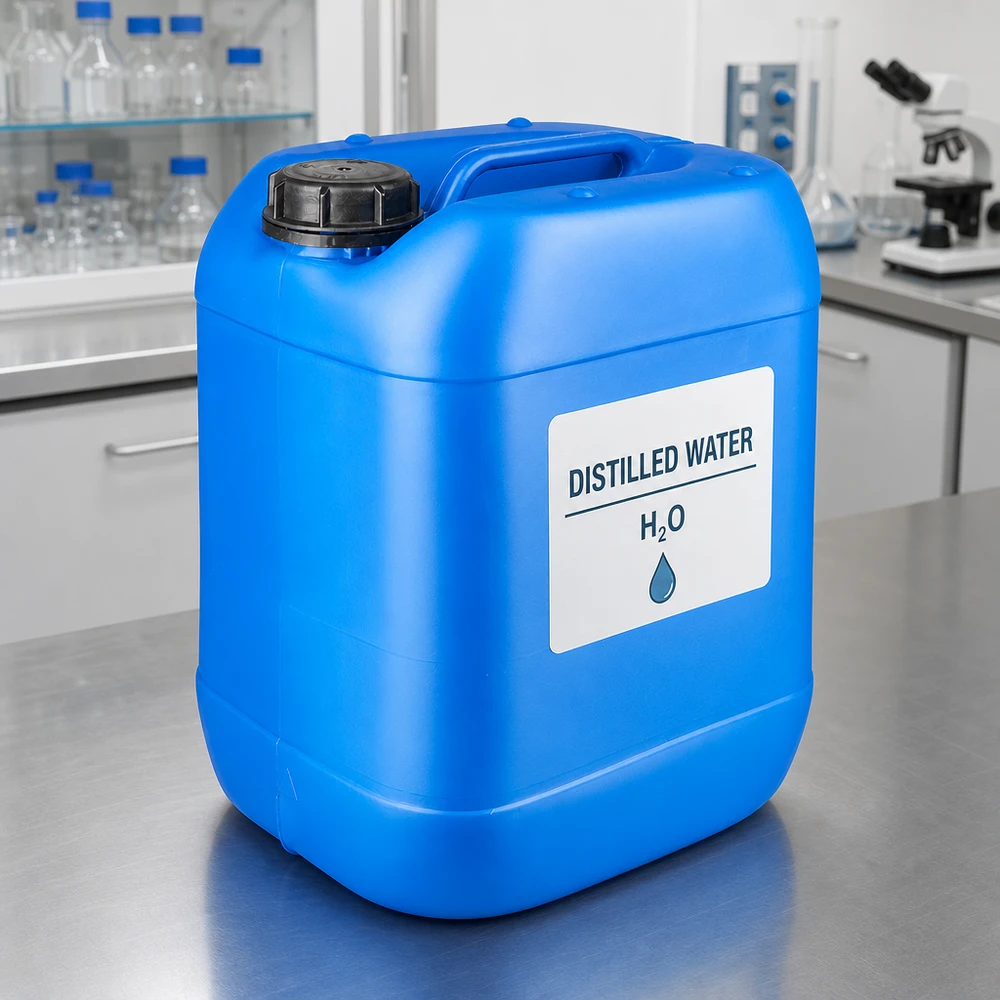 Acqua distillata in tanica blu da 20 litri con tappo OV in laboratorio