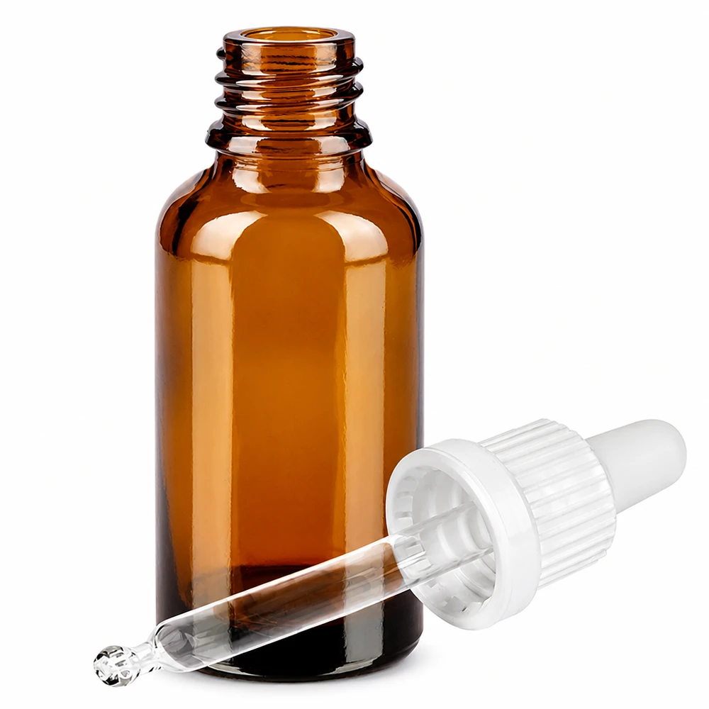 Flacone per pipette da 30 ml bianco OV BrownLine UT18/30 Bottiglia per pipette compatta da 30 ml in vetro ambrato con sistema di gocciolamento igienico