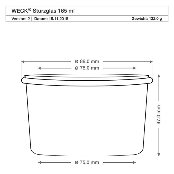 Bicchieri da 165 ml con coperchio salvafreschezza WECK RR80 Disegno tecnico dimensionale dei tumbler WECK 165ml RR80 con dimensioni diametro 88mm altezza 47mm peso 132g
