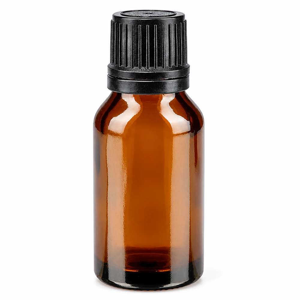 Flacone da farmacia marrone da 15 ml con tappo contagocce nero e apertura da 1 mm, in vetro ambrato