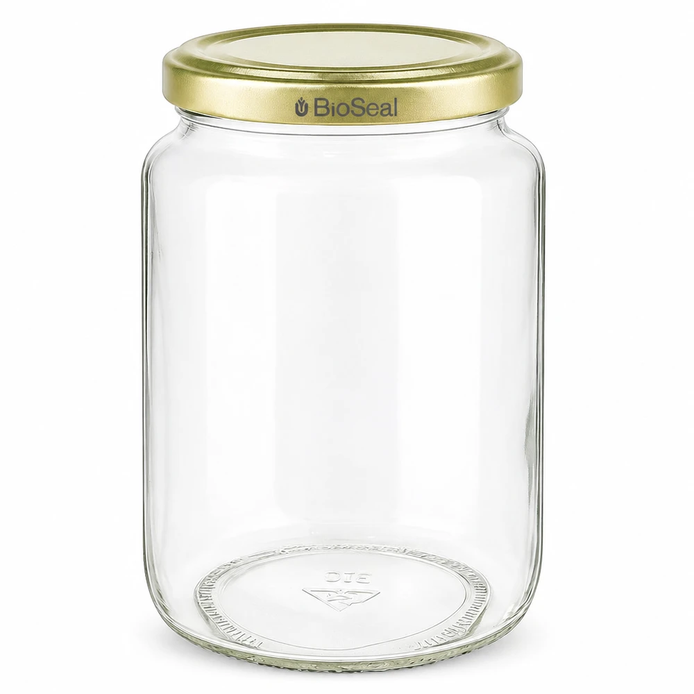 Vasetto per miele da 1000 g con capsula dorata BioSeal UNiTWIST Vasetto da 1000 g vuoto con coperchio dorato BioSeal per marmellate e conserve di miele in vetro trasparente