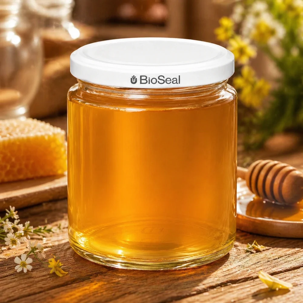 Vasetto per miele da 350 g con capsula bianca BioSeal UNiTWIST Vaso di miele BioSeal UNiTWIST da 250 ml riempito di miele dorato su un tavolo di legno con nido d'ape e bastoncino di miele