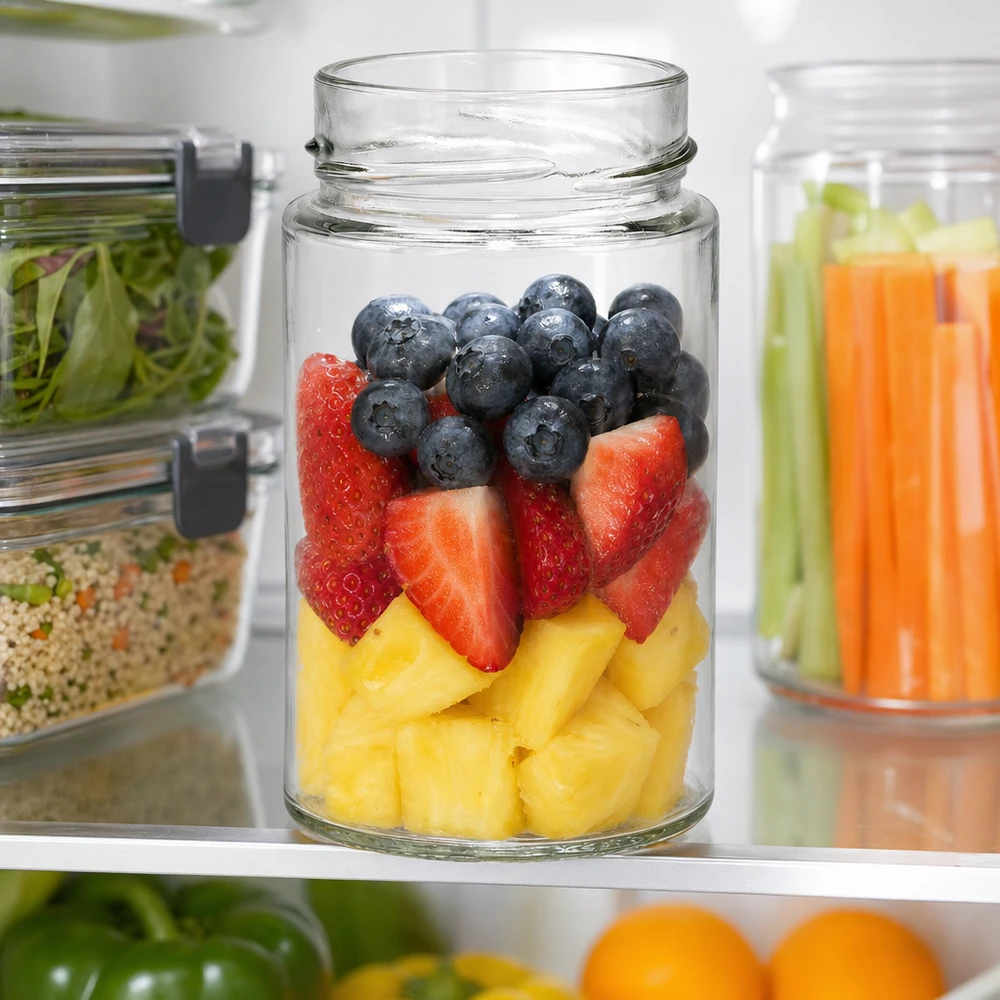 UNiTWIST Runda245 - Barattolo rotondo da 245 ml TO58deep UNiTWIST Runda245 vaso rotondo 245ml con frutti di bosco freschi in frigo vaso di conservazione TO58deep coperchio