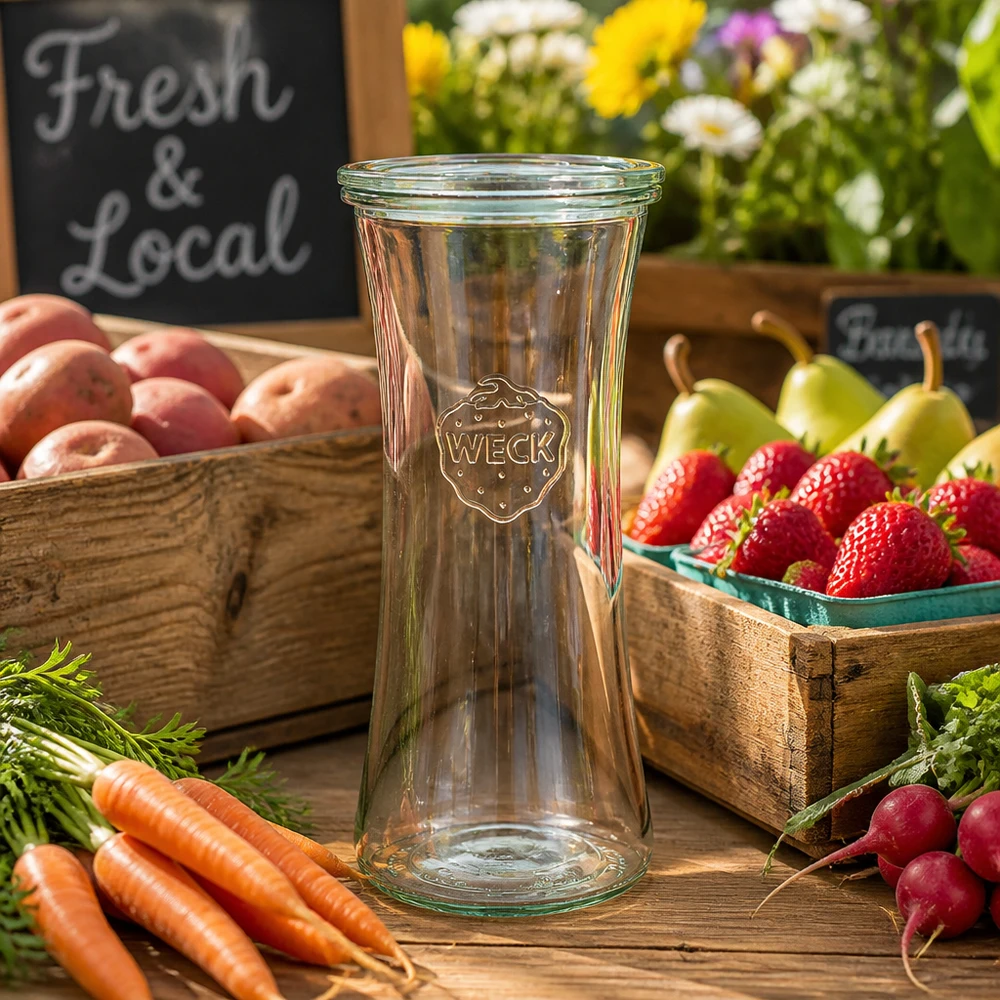 Vaso da salumeria WECK 700ml RR80 tra frutta e verdura fresca su un tavolo di legno rustico - vaso da conserva per prodotti locali
