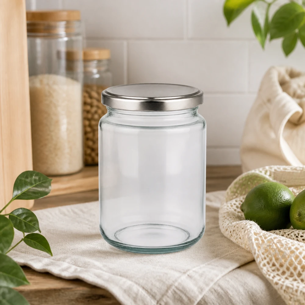 Barattolo rotondo da 382 ml con coperchio BasicSeal argento UN.. 382ml Rundglas mit silbernem Deckel in nachhaltiger Küchenumgebung mit Limetten Jutebeutel Glasvorräte Öko-Lifestyle