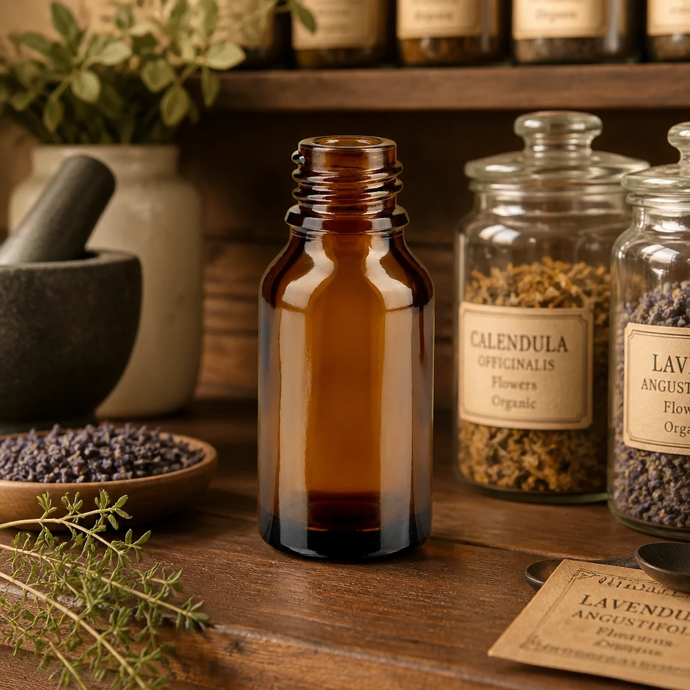 Bottiglia da 15ml in ApoGlas marrone in autentico barattolo da erboristeria con calendula lavanda e piante officinali