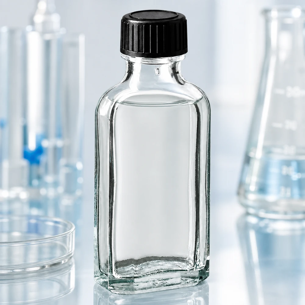 Flacone Meplat trasparente da 50 ml con guarnizione in EPE e tappo nero in ambiente di laboratorio