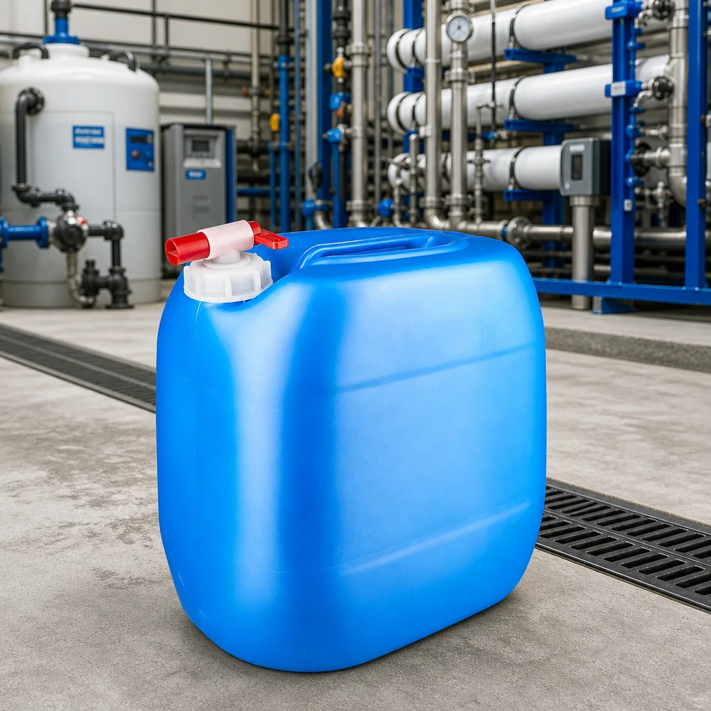 Tanica 30 litri blu con rubinetto di scarico Tanica d'acqua portatile da 30 litri, blu, con rubinetto di scarico, in un moderno impianto di trattamento dell'acqua